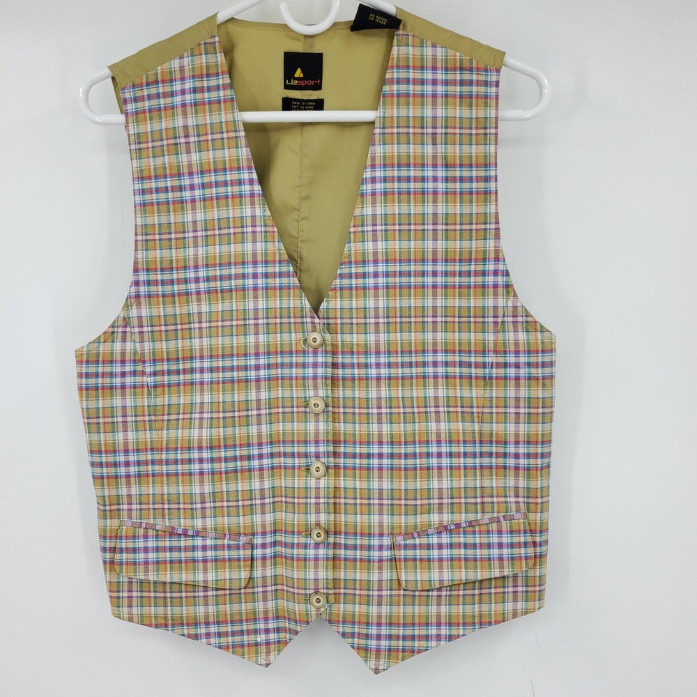 Lizsport Vintage Plaid Button Front‎ Vest Tan Women Small Cottagecore Grandma